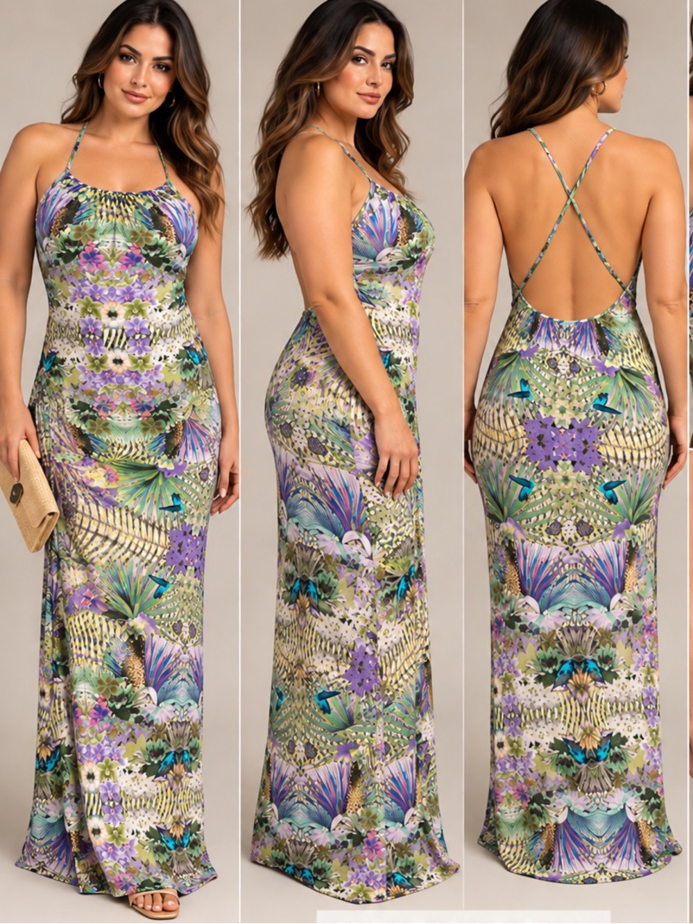 Miss Bikini Luxe tropical foliage floral halter low open back maxi 44
